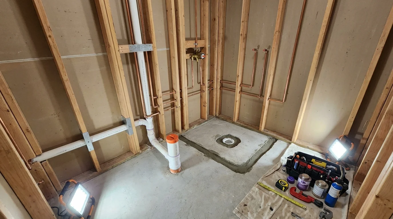 Bathroom rough-in plumbing during remodel by Johns Plumbing LLC in Jamesport