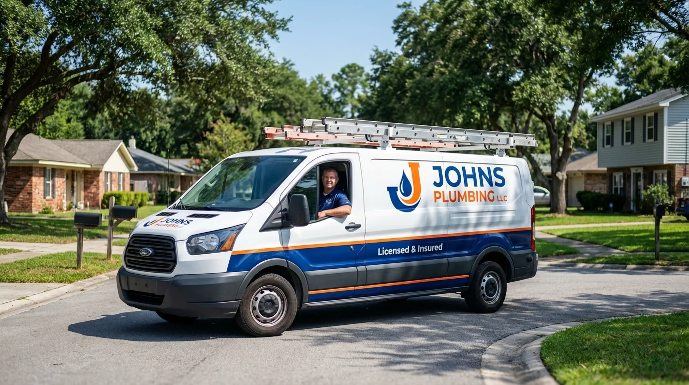 Johns Plumbing LLC service van in Jamesport, NY