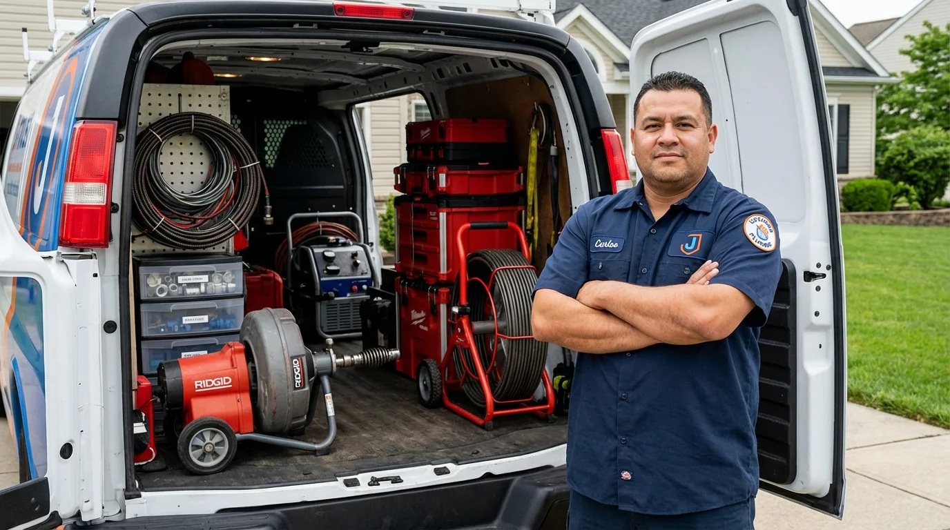 Professional drain cleaning equipment and Johns Plumbing LLC plumber in Jamesport