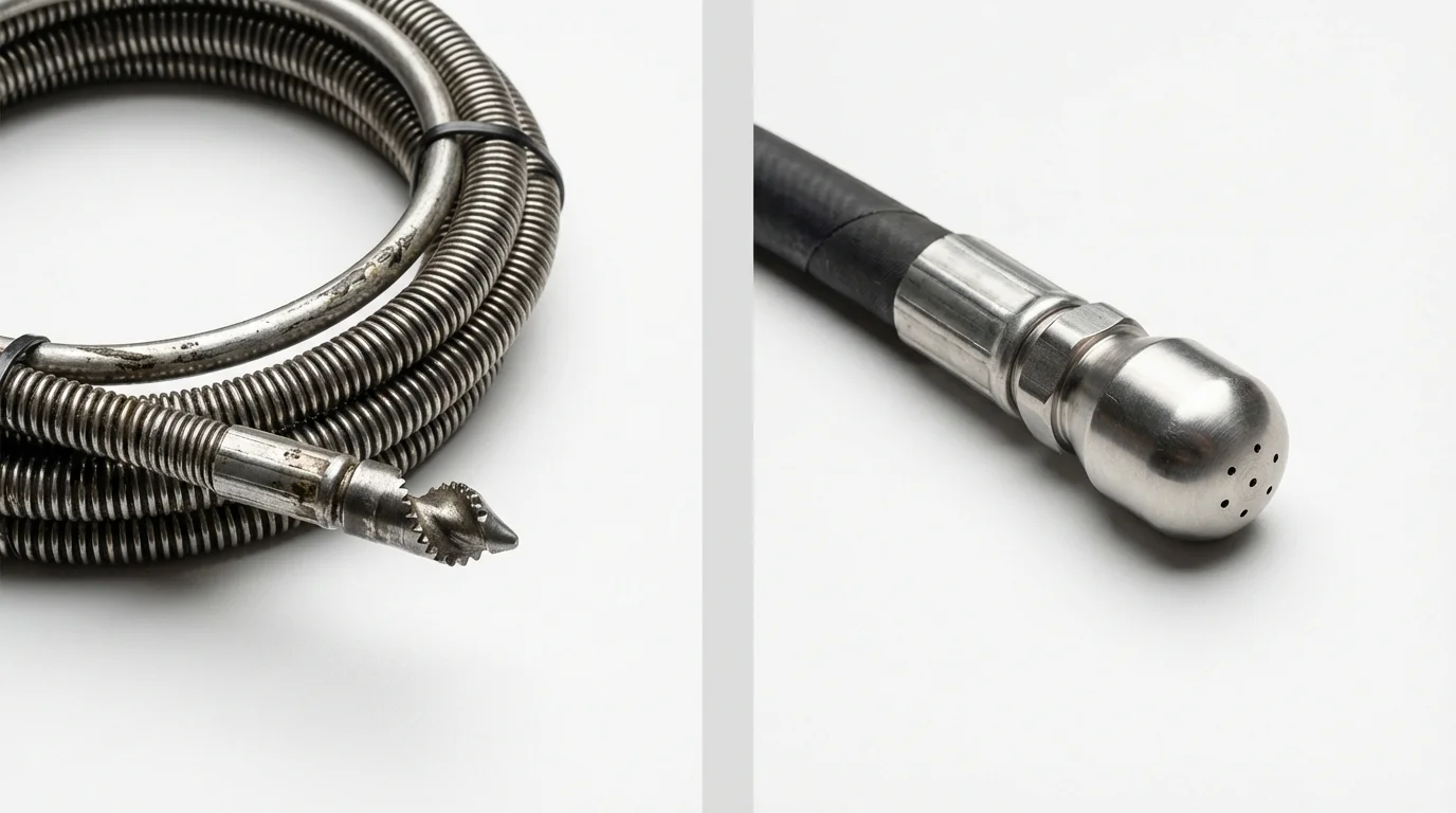 Drain snake cable and hydro jetting nozzle used for drain cleaning in Jamesport, NY