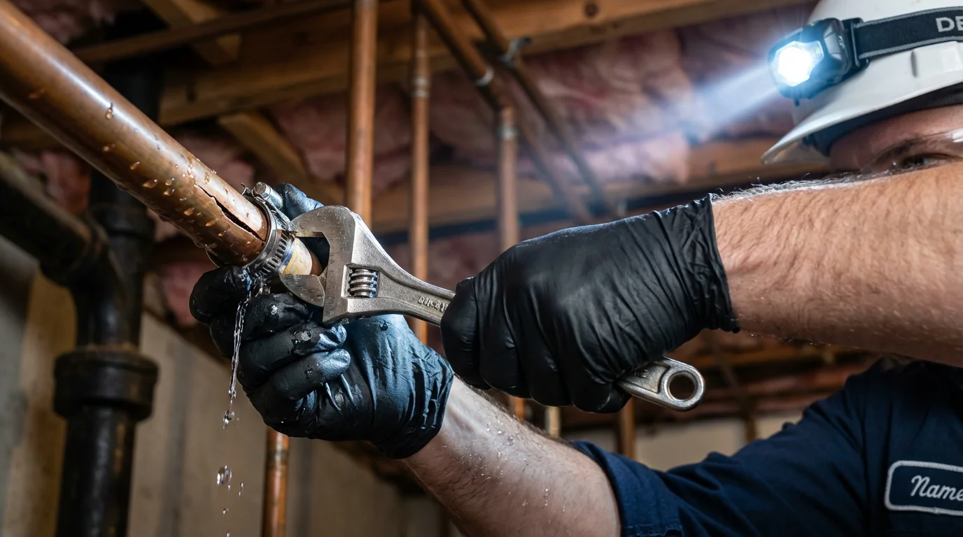 Emergency pipe clamp repair being performed by a Johns Plumbing LLC plumber in Jamesport
