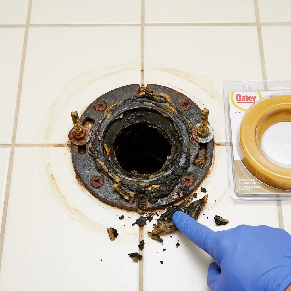 Failed wax ring showing water seepage at the base of a toilet in a Jamesport, NY home