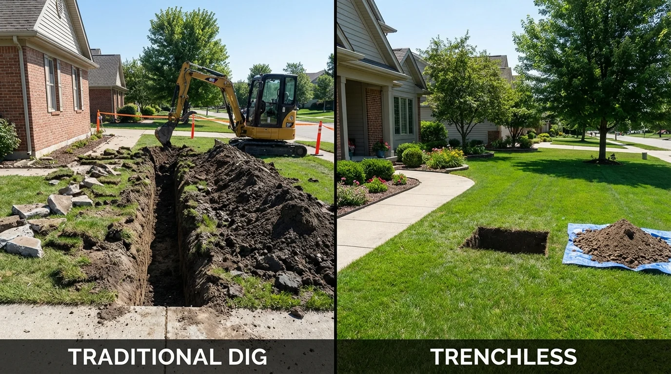 Trenchless sewer repair with minimal yard damage versus traditional excavation in Jamesport, NY