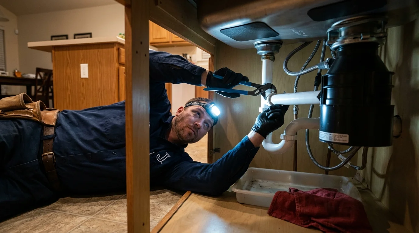 P-trap and supply line connections under a kitchen sink showing a common leak point in Jamesport, NY